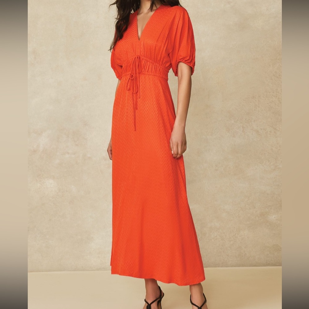 NWT Pearl by Lela Rose Vermillion Equestrian Jacquard V-Neck Midi Dress Orange